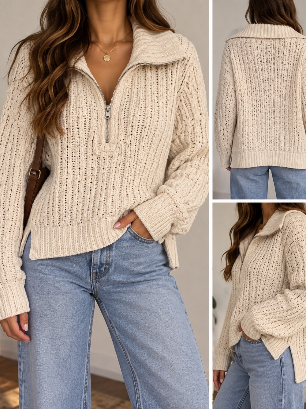 Aerie Ivory Cream Chunky Knit Quarter Zip Cable Sweater S/P